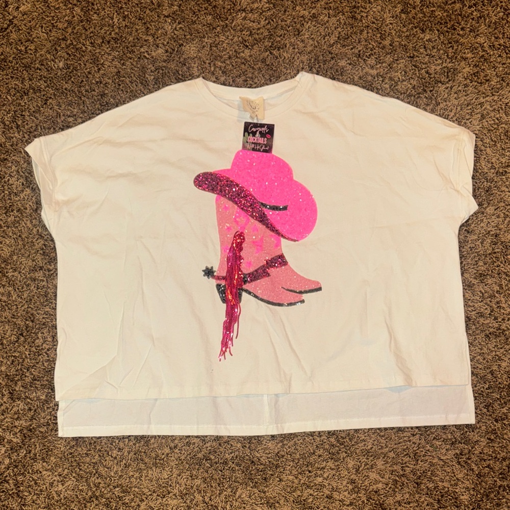 Fantastic Fawn White Tee with Bright Pink Sequin Cowboy Hat